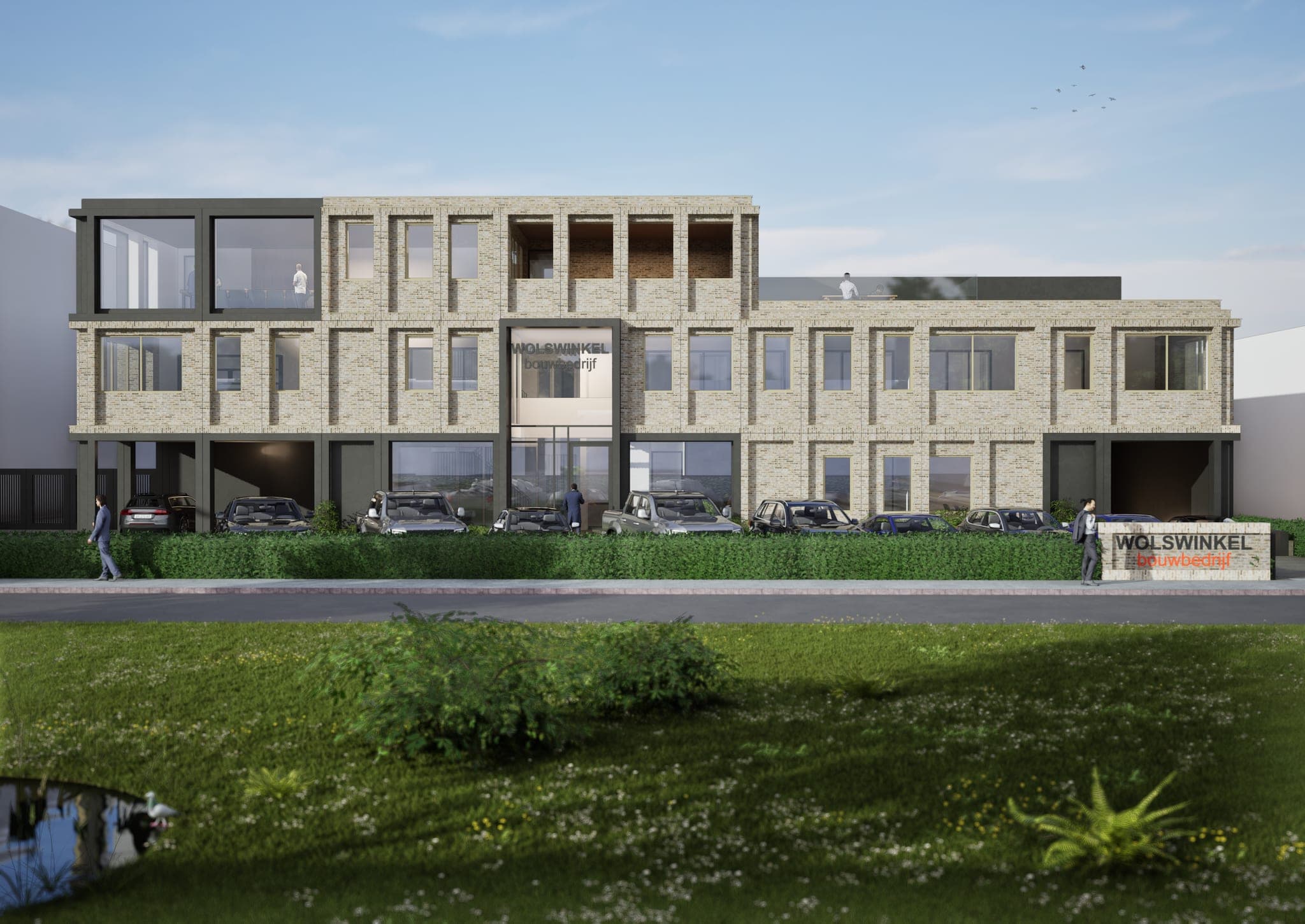 Het kantoor vanaf de straat, met het uitkragende volume links